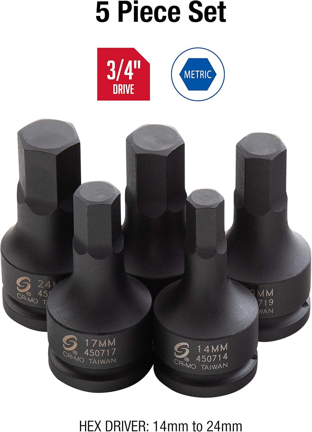 3/4 Inch Drive Impact Hex Driver Set, 5-Piece, Metric, 14mm-24mm, Cr-Mo Steel Q181