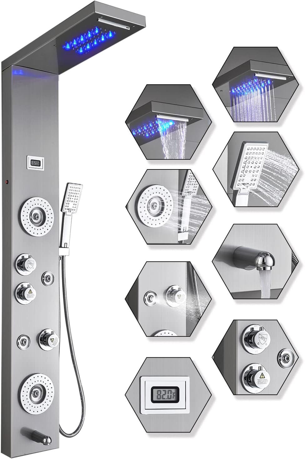 Brushed Nickel Stainless Steel Shower Panel Tower System with Body Jets F9253