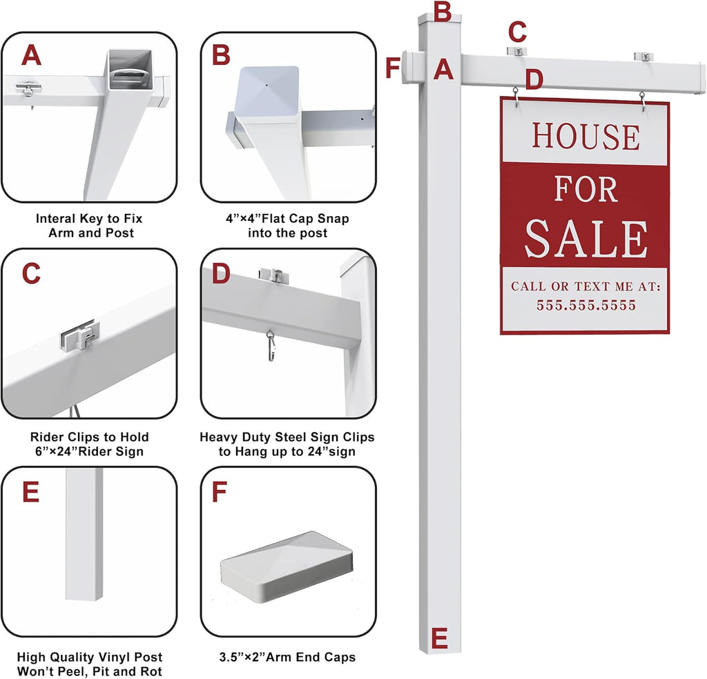 Vinyl PVC Real Estate Sign Post with Flat Cap 6' Tall, 36 Arm Holds Up to 24 Sign, White D6404