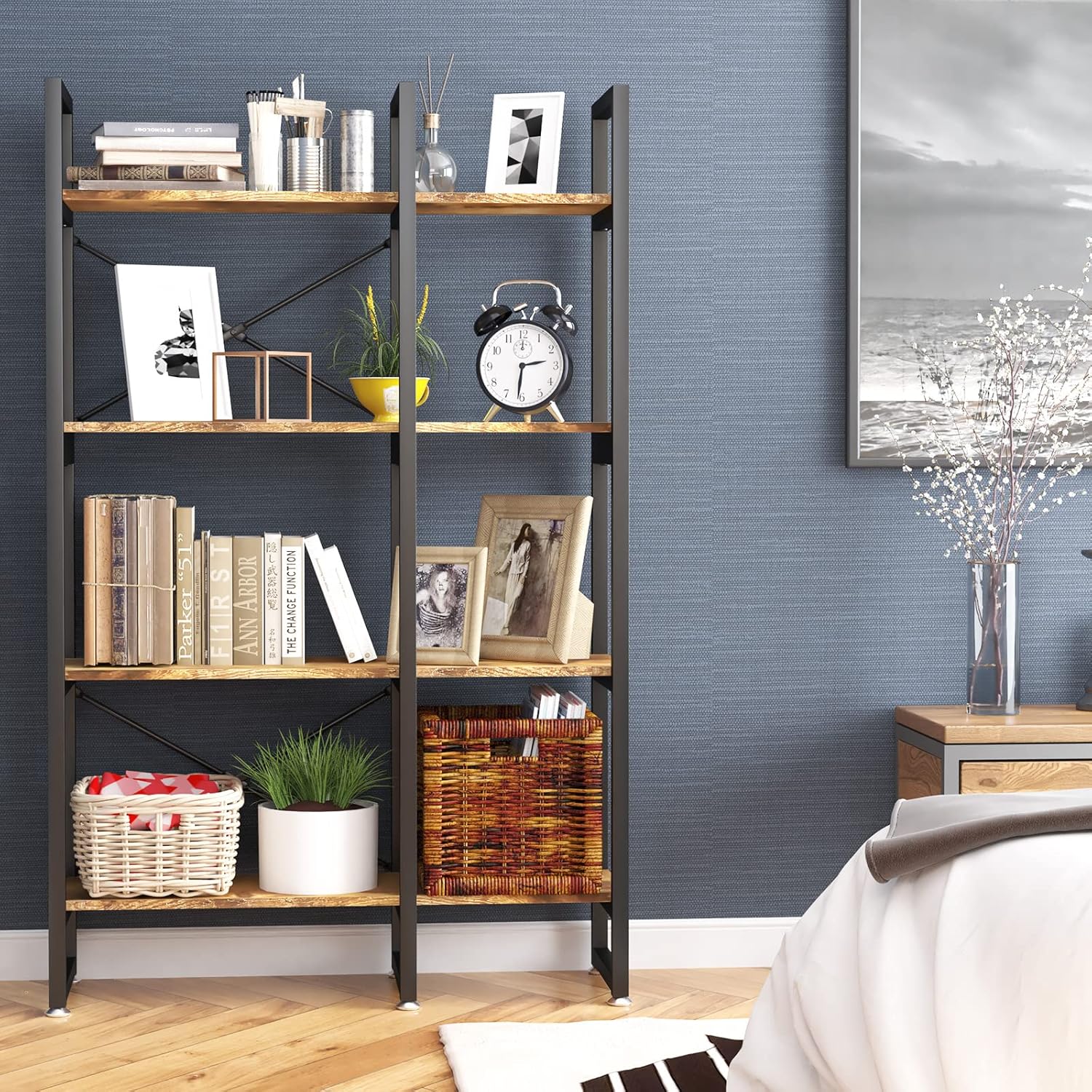 Rustic Brown 4 Tiers Metal Frame Bookshelf L27792