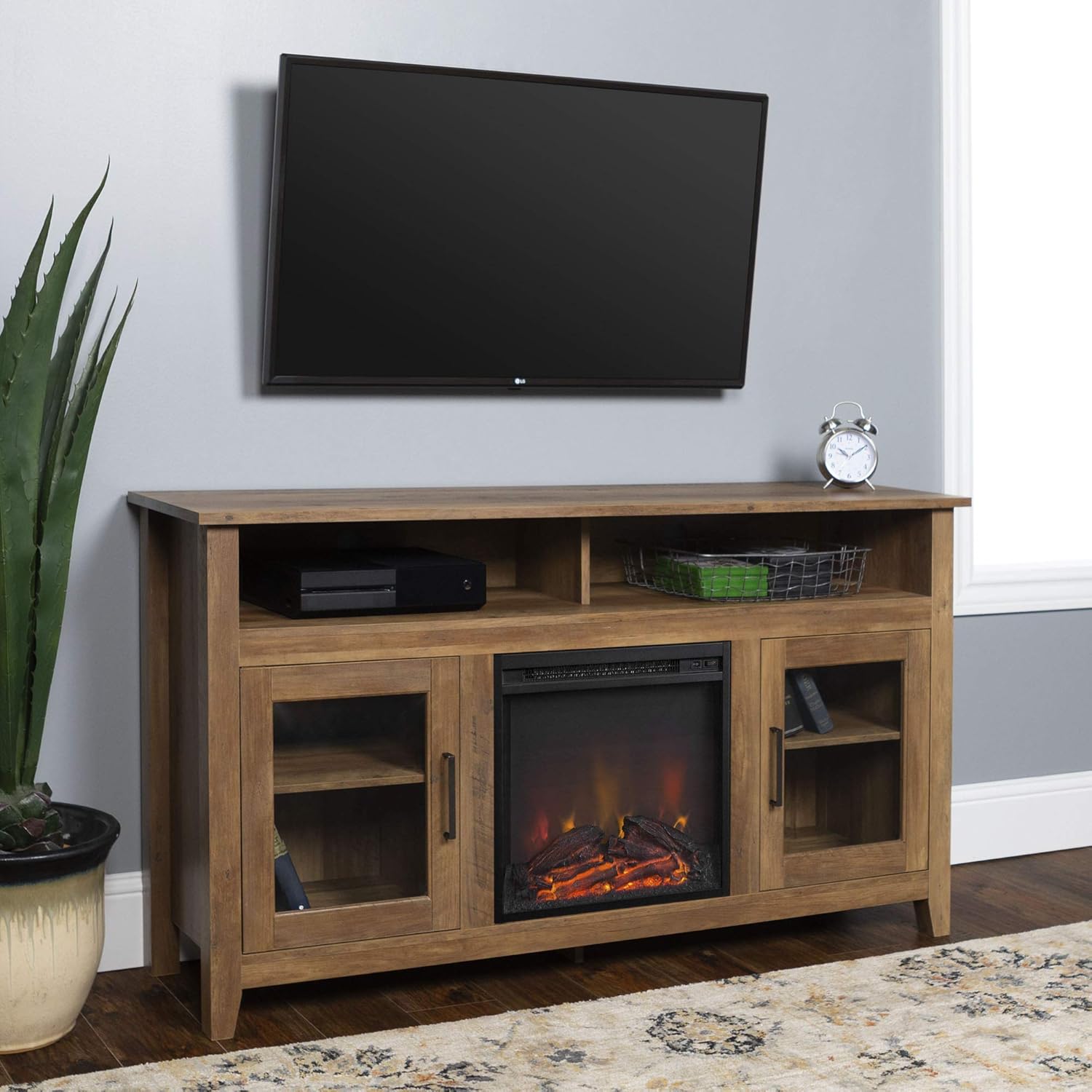 Black 58 Inch Wood and Glass Fireplace TV Stand O48534