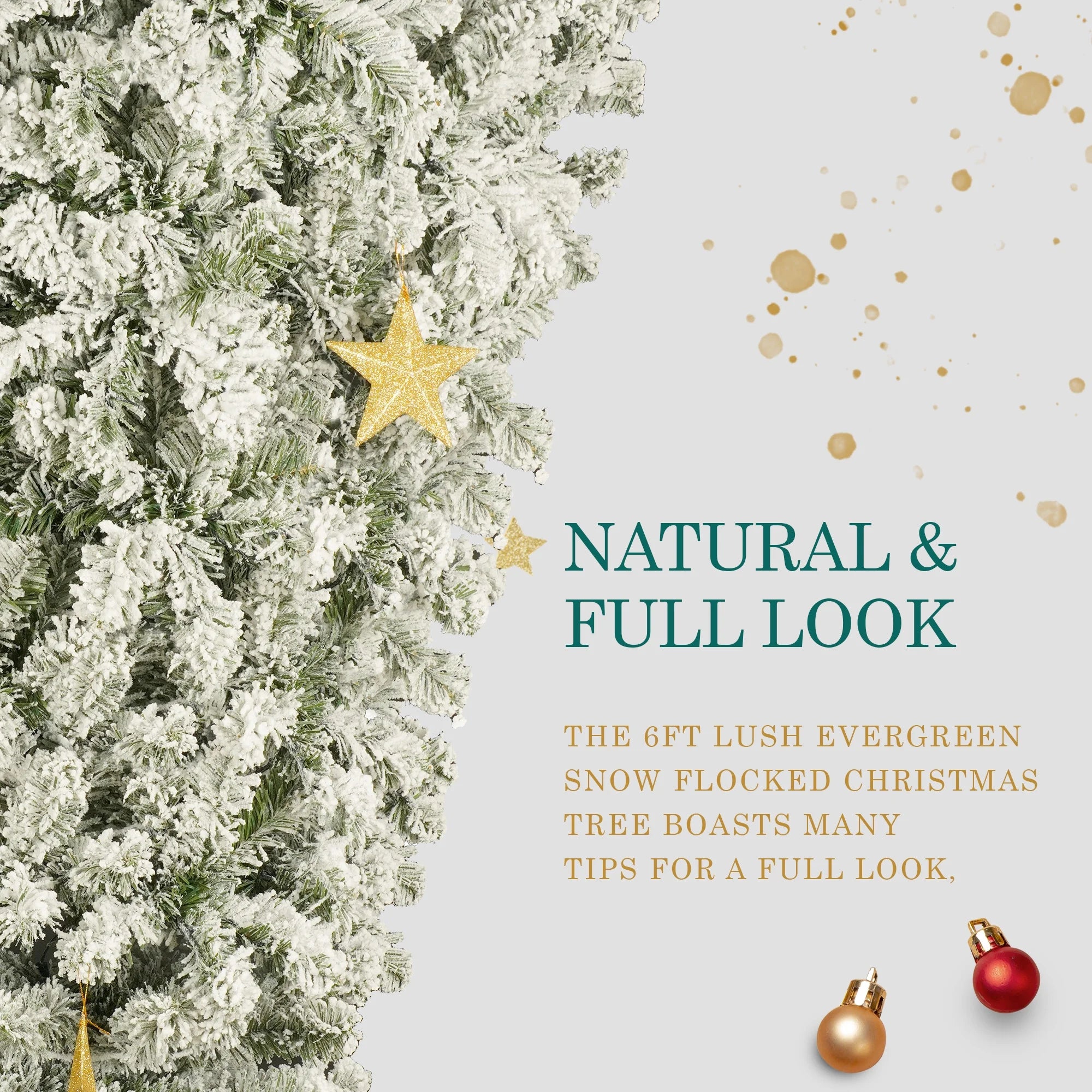 Pre-lit 6FT Hinged Snow Flocked Artificial Christmas Tree with 360 LED Lights and 8 Golden Stars F1813