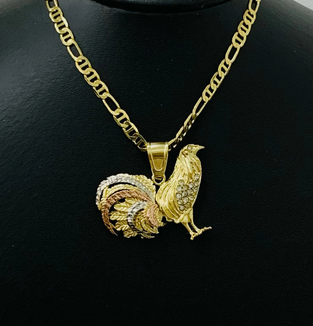 14K Solid Gold Filled Rooster Necklace Pendant CZ Mariner Chain 24" L489823