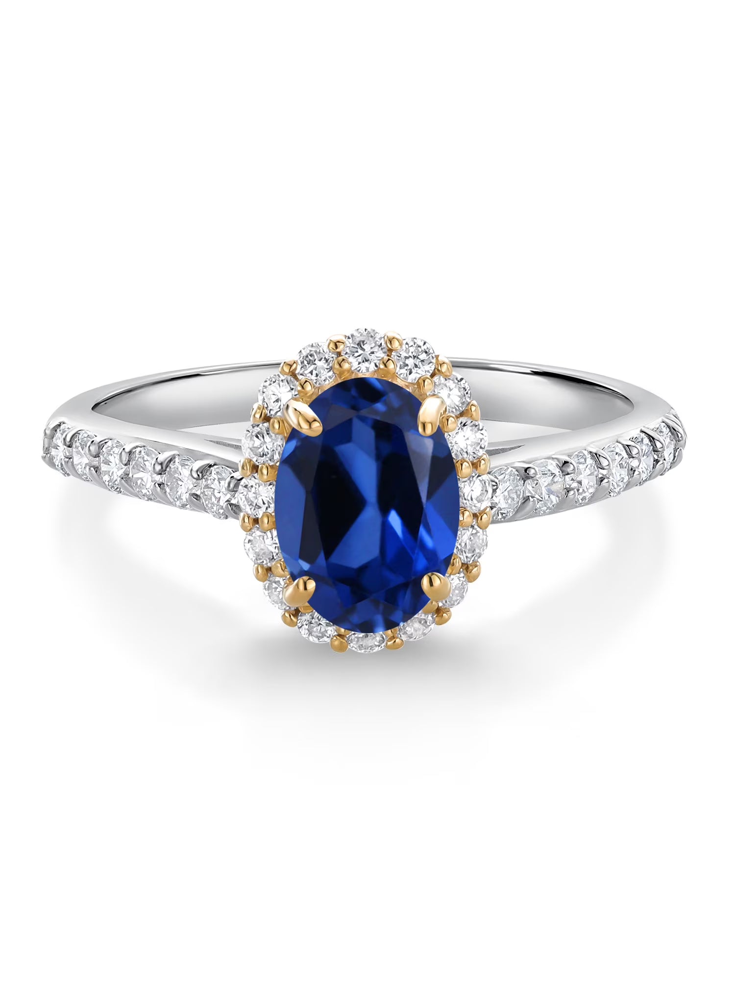 10K White Gold Blue Created Sapphire Lab Grown Diamond Halo Engagement Ring (1.31 Cttw, Oval 7X5MM) H31184
