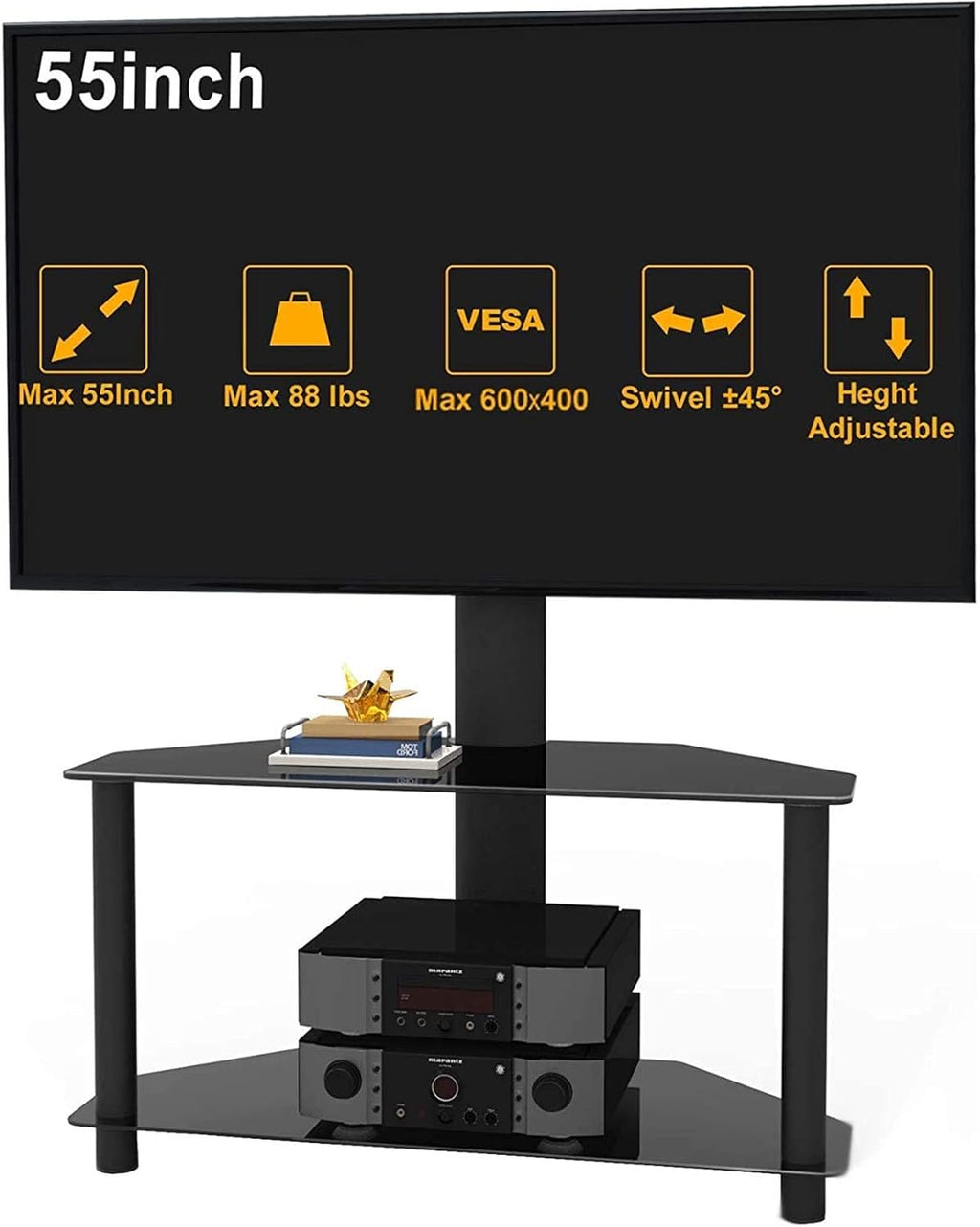 Swivel Floor TV Stand with Tempered Glass Shelf, Black B46626
