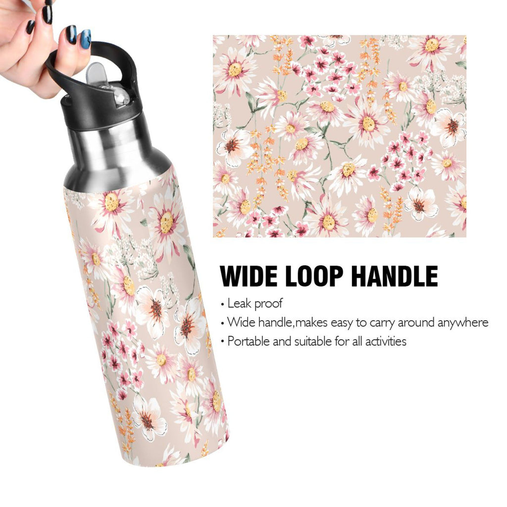 Pink Floral Stainless Steel Insulated Water Bottle with Straw Lid T66847