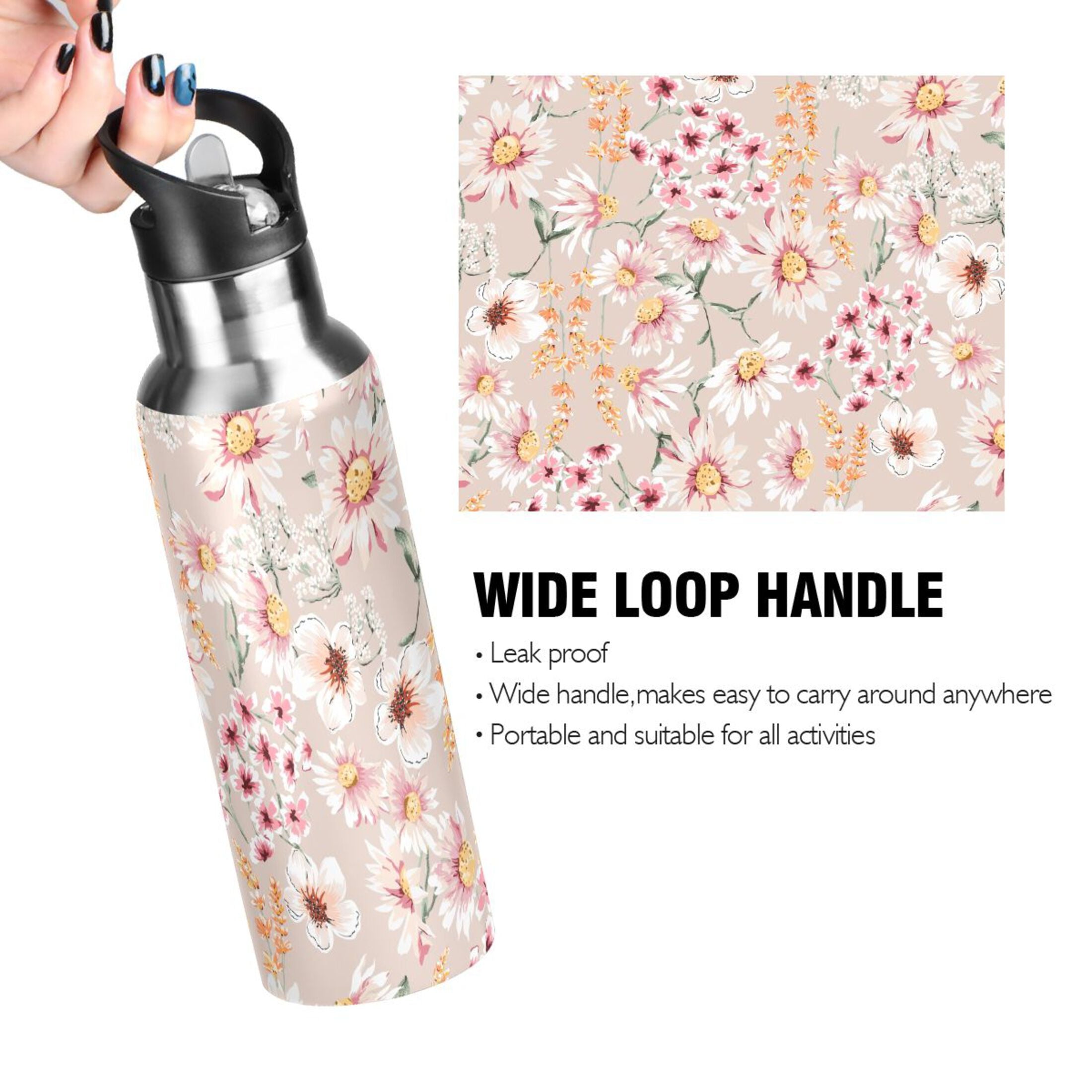 Pink Floral Stainless Steel Insulated Water Bottle with Straw Lid T66847