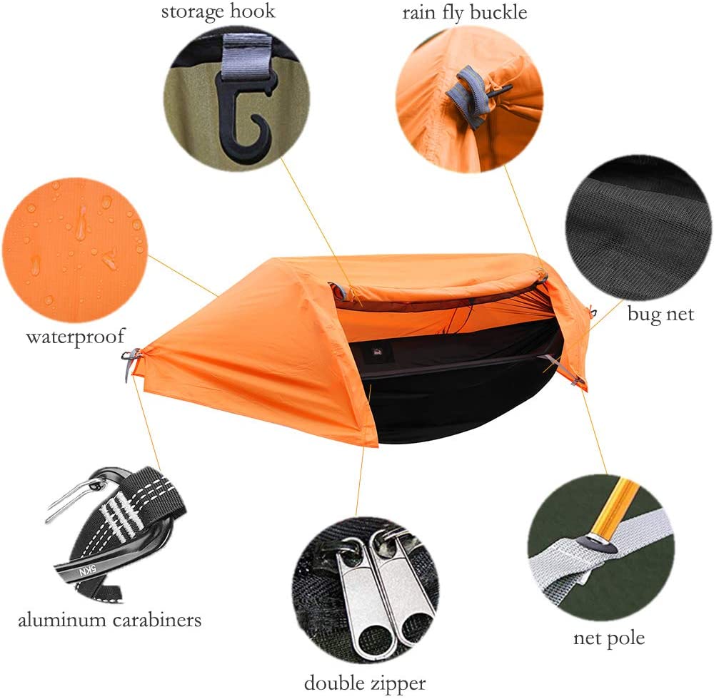Orange Lightweight Camping Hammock Tent with Mosquito Net and Rainfly L30791
