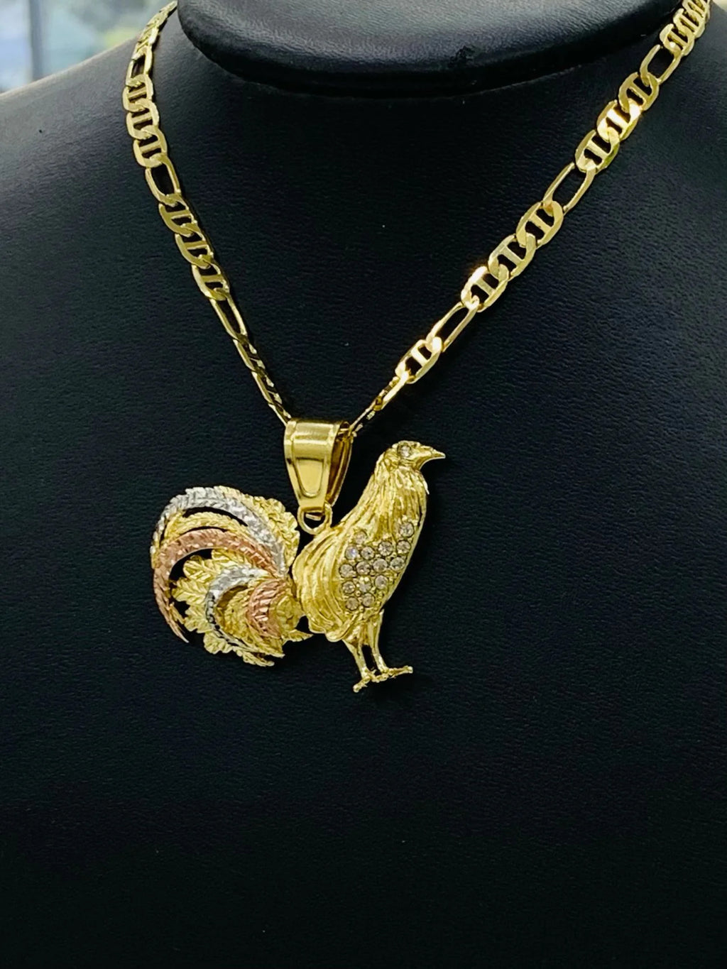 14K Solid Gold Filled Rooster Necklace Pendant CZ Mariner Chain 24" L489823