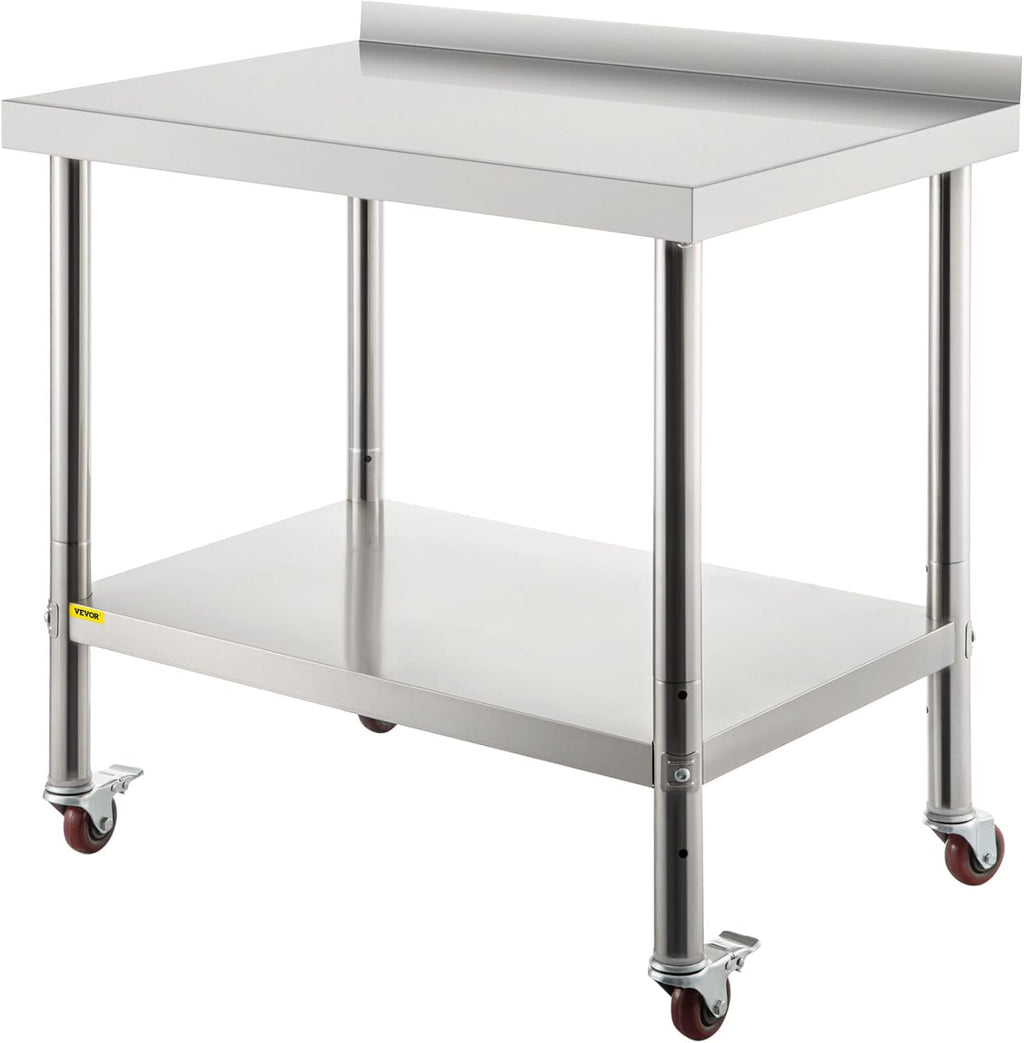 Stainless Steel Prep Table, 30 x 24 x 35 Inch, 440lbs Load Capacity, with Backsplash, Adjustable Undershelf & 4 Casters W399