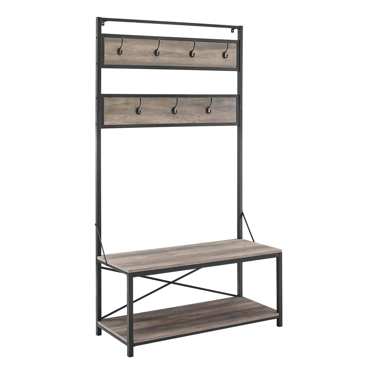 Industrial Metal and Wood Hall Tree Gray Wash E692