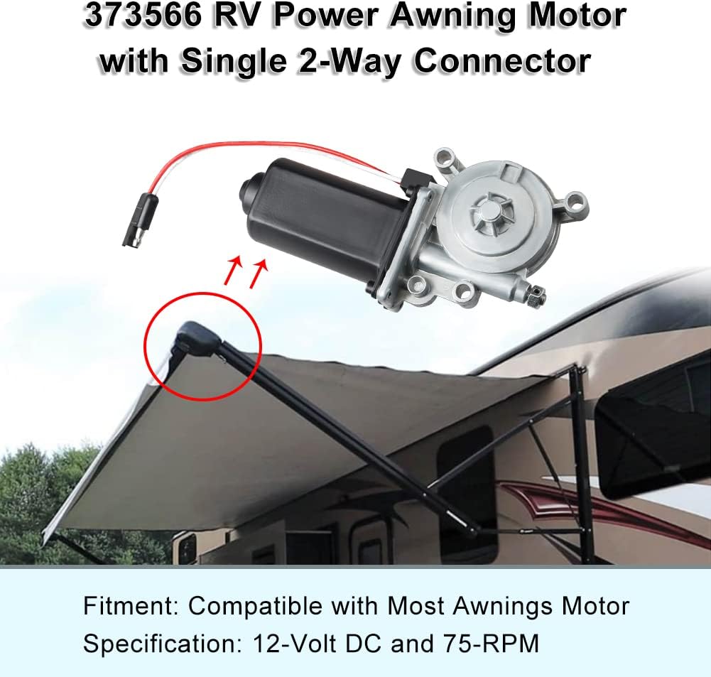 RV Awning Motor Replacement with Single 2-Way Connector, 12-Volt DC, 75-RPM N7475