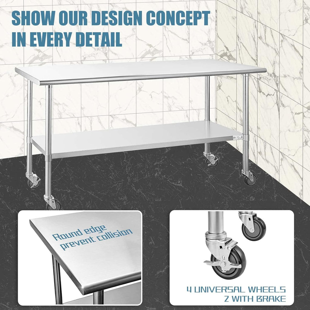 Stainless Steel Table 24 x 72 Inches with Caster Wheels and Undershelf Q5762