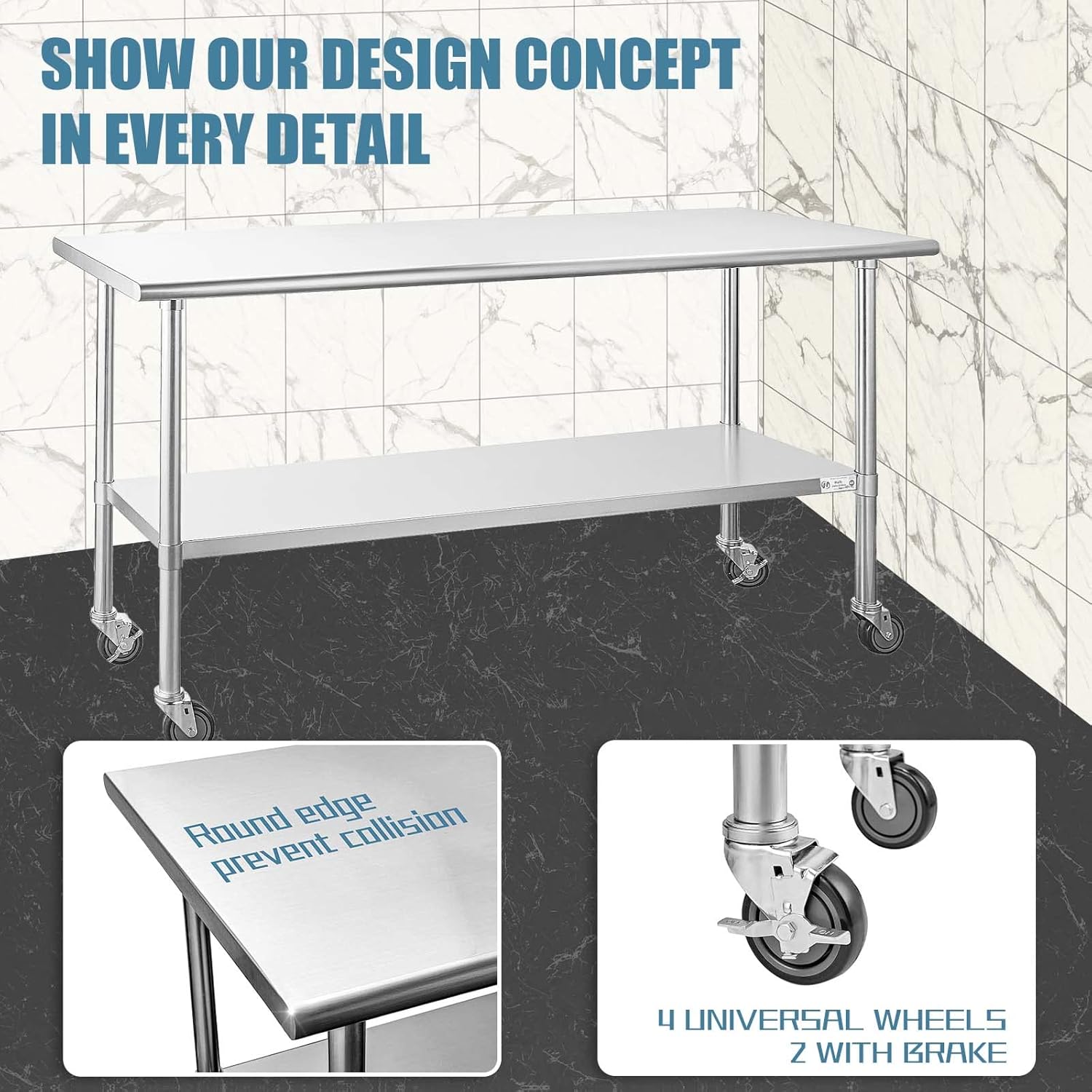 Stainless Steel Table 24 x 72 Inches with Caster Wheels and Undershelf Q5762