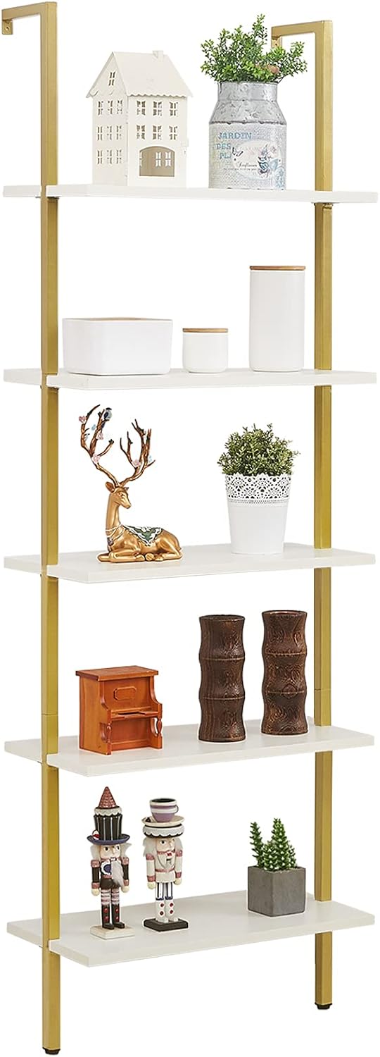 White / Gold 5-Tier Ladder Shelf with Metal Frame O7188