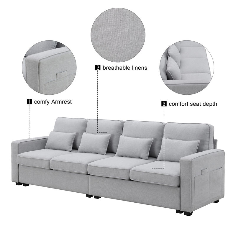 Modern 104" 4-Seater Linen Fabric Sofa with 4 Pillows Light Grey J2778