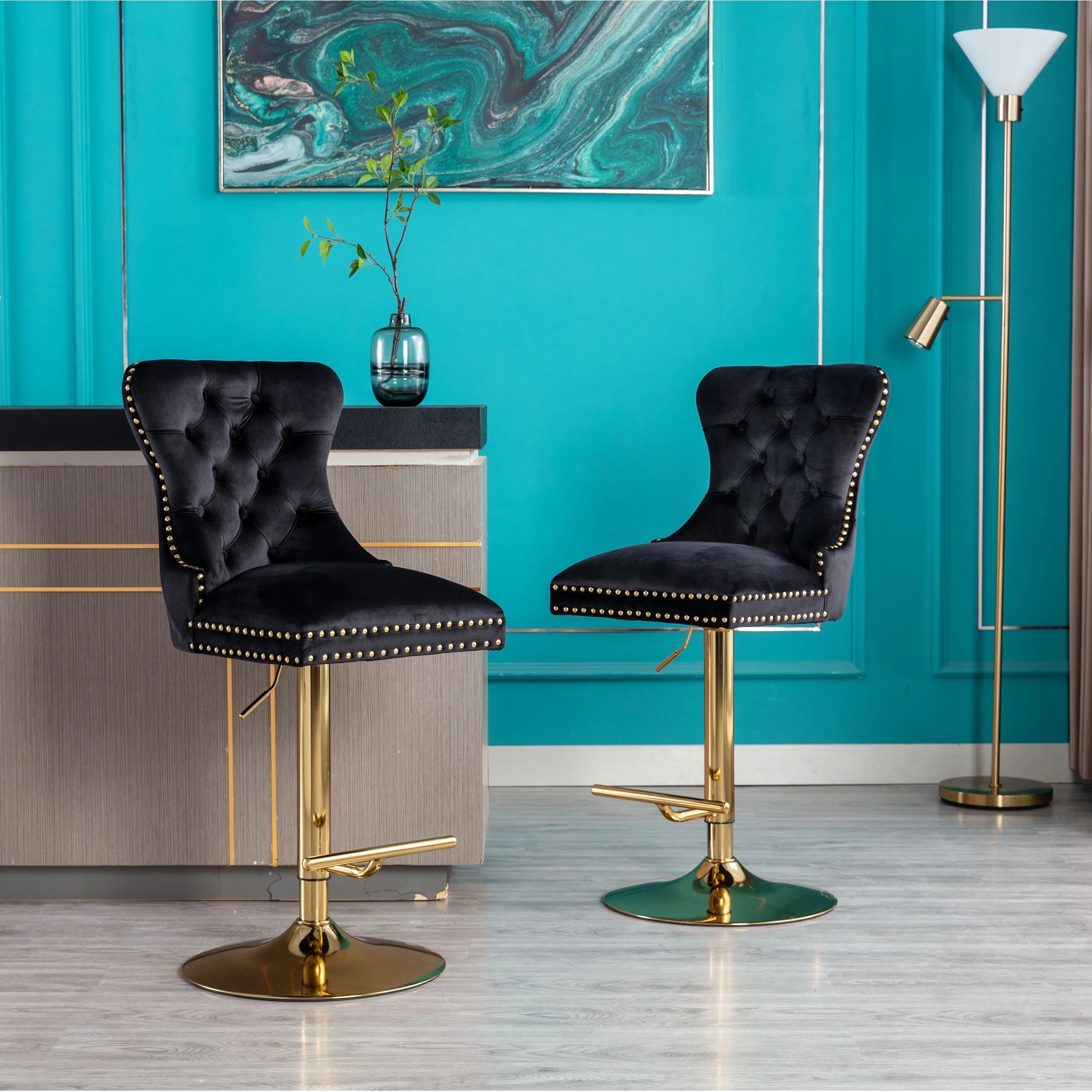 Black Velvet Adjustable Counter Height Bar Stools Set of 2 Y26163