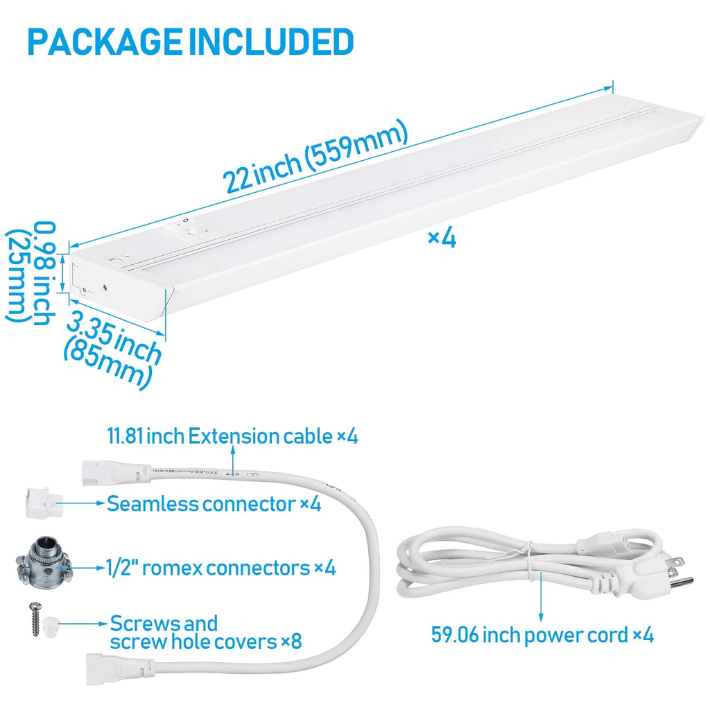 22 Inch 14W 960LM LED Under Cabinet Light, 3000K/4000K/5000K, White Aluminum Housing T793