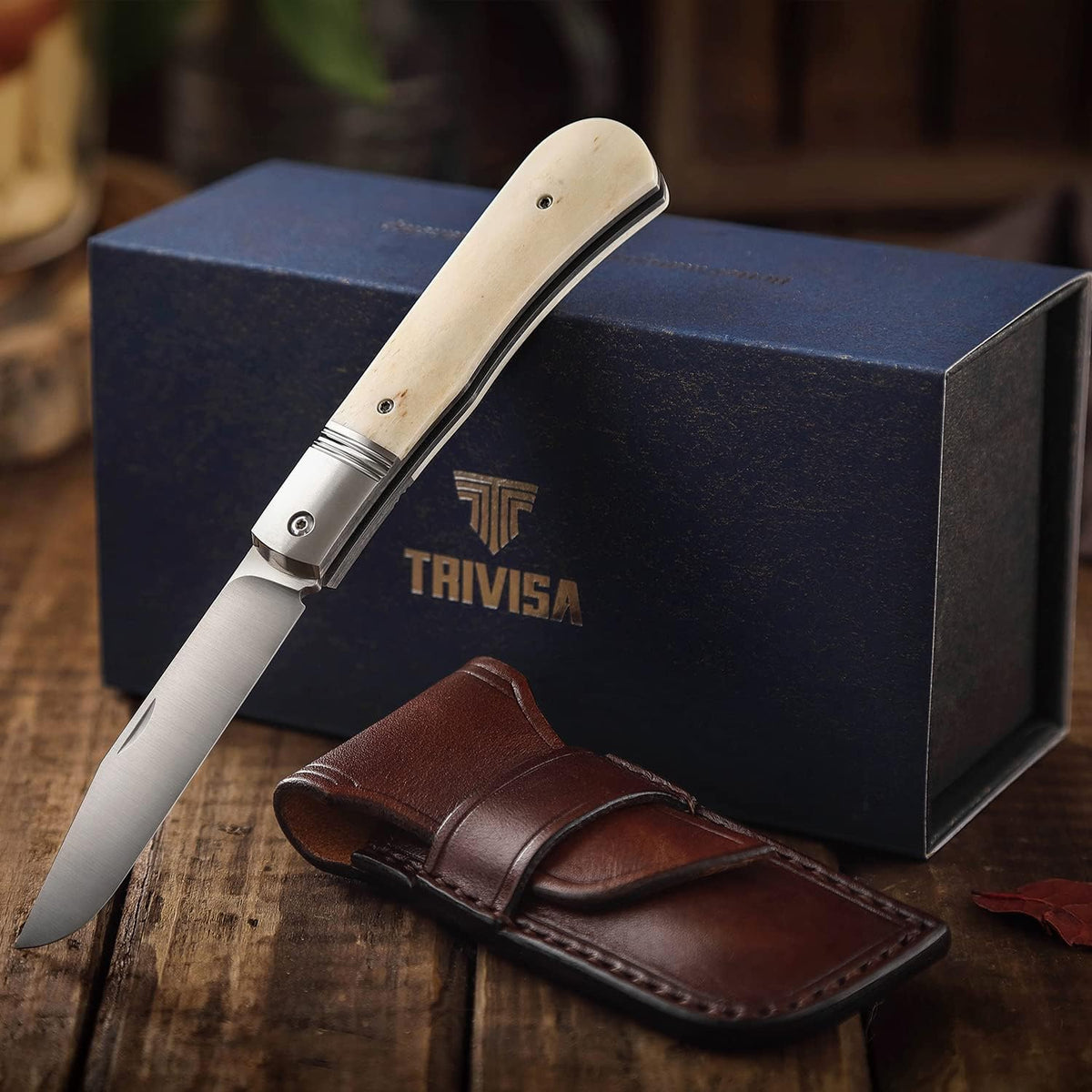 Folding Pocket Barlow Knife with Leather Sheath, 3in Bohler M390 Steel Blade, TC4 Ti Alloy & OX Bone Handle F677