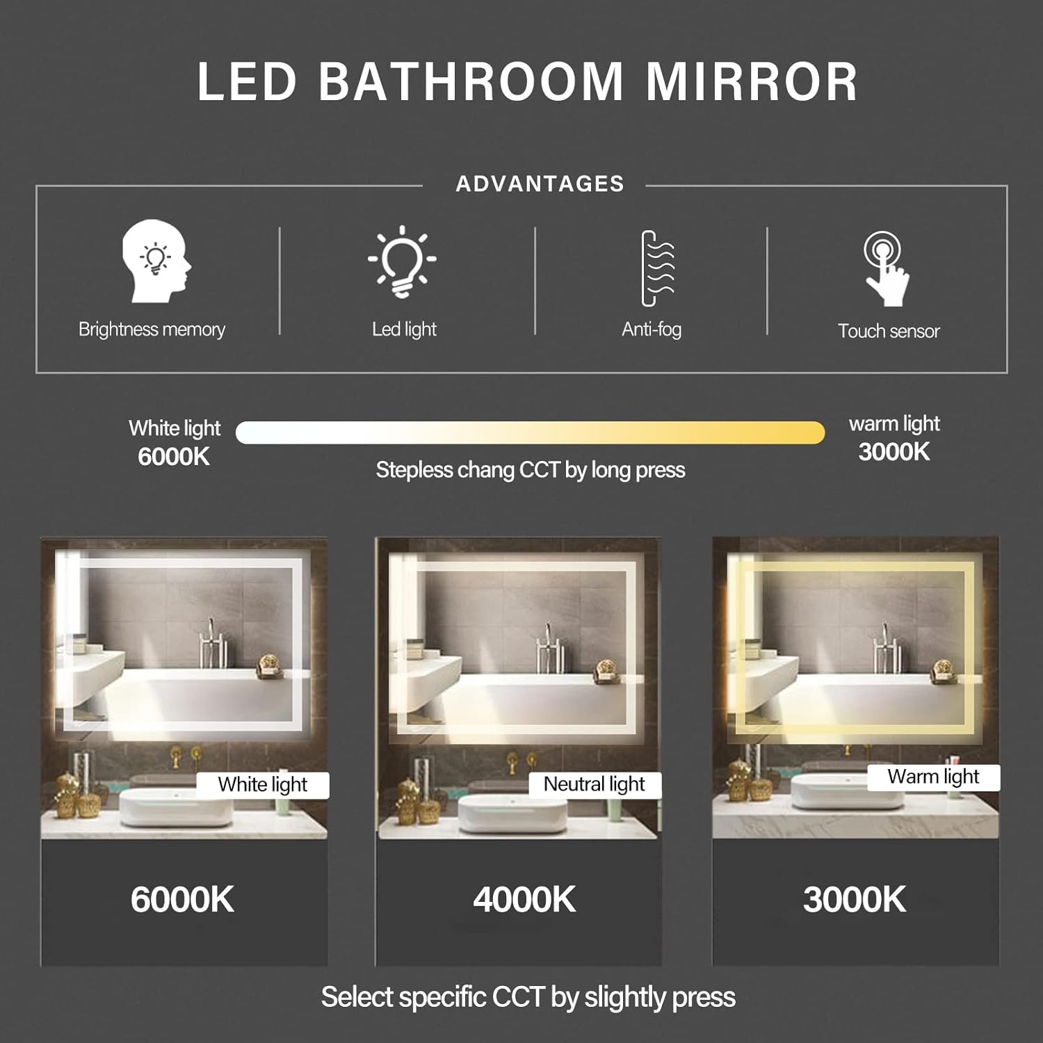 Wall Mounted LED Bathroom Mirror with Anti-Fog, Dimmable M313