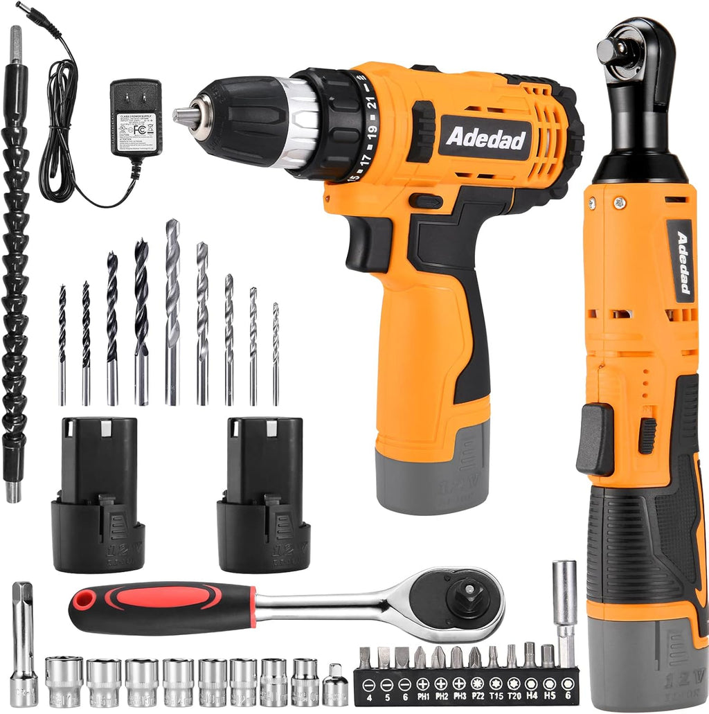 12V Cordless Brushless Ratchet Wrench & Drill, 3/8" 40Ft-lbs Torque 400 RPM, 21+1 Metal Drill, 2 Batteries Power Tool Set M842302