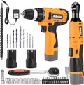 12V Cordless Brushless Ratchet Wrench & Drill, 3/8" 40Ft-lbs Torque 400 RPM, 21+1 Metal Drill, 2 Batteries Power Tool Set M842302