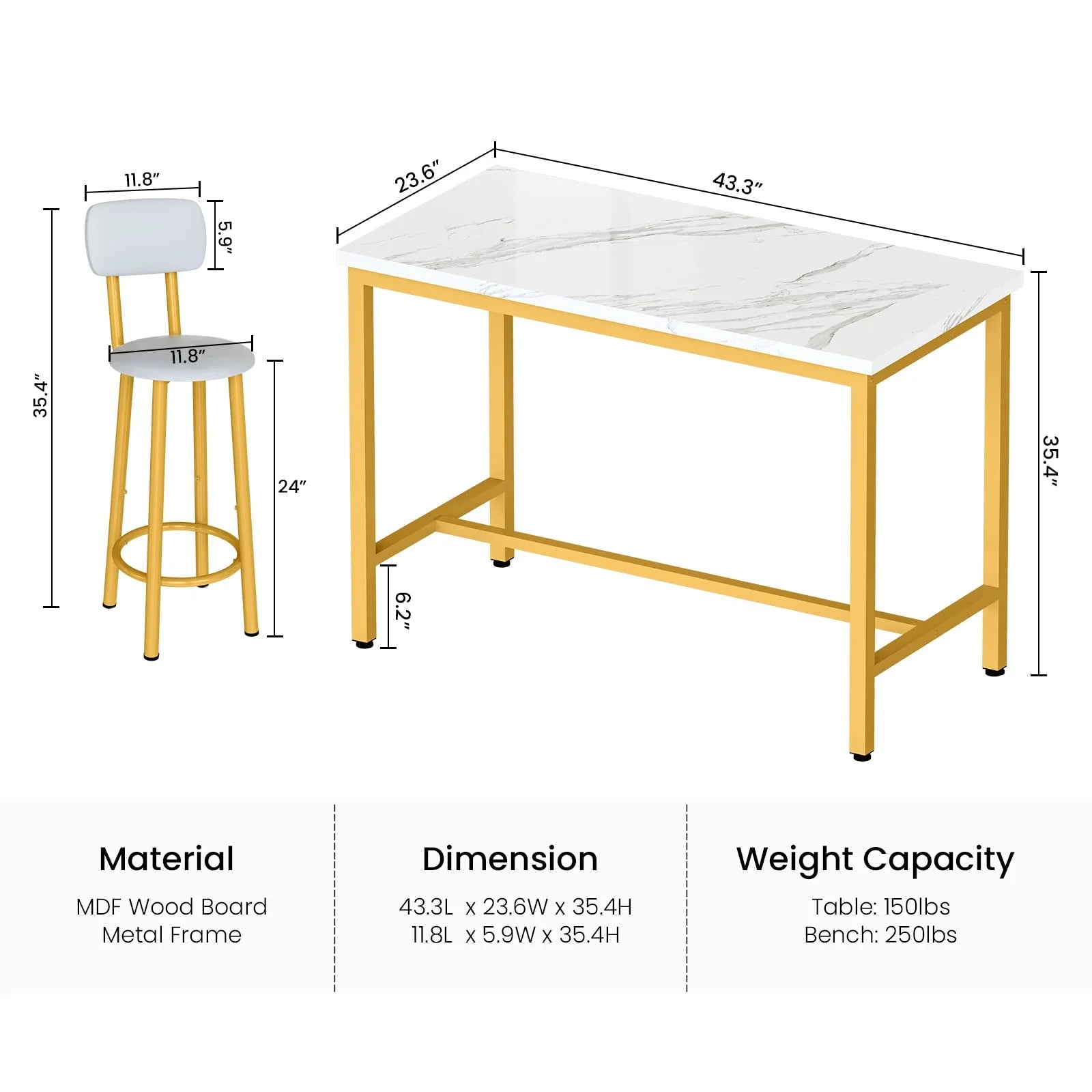 Faux Marble Counter Height Dining Table Set with 4 PU Upholstered Stools J8575