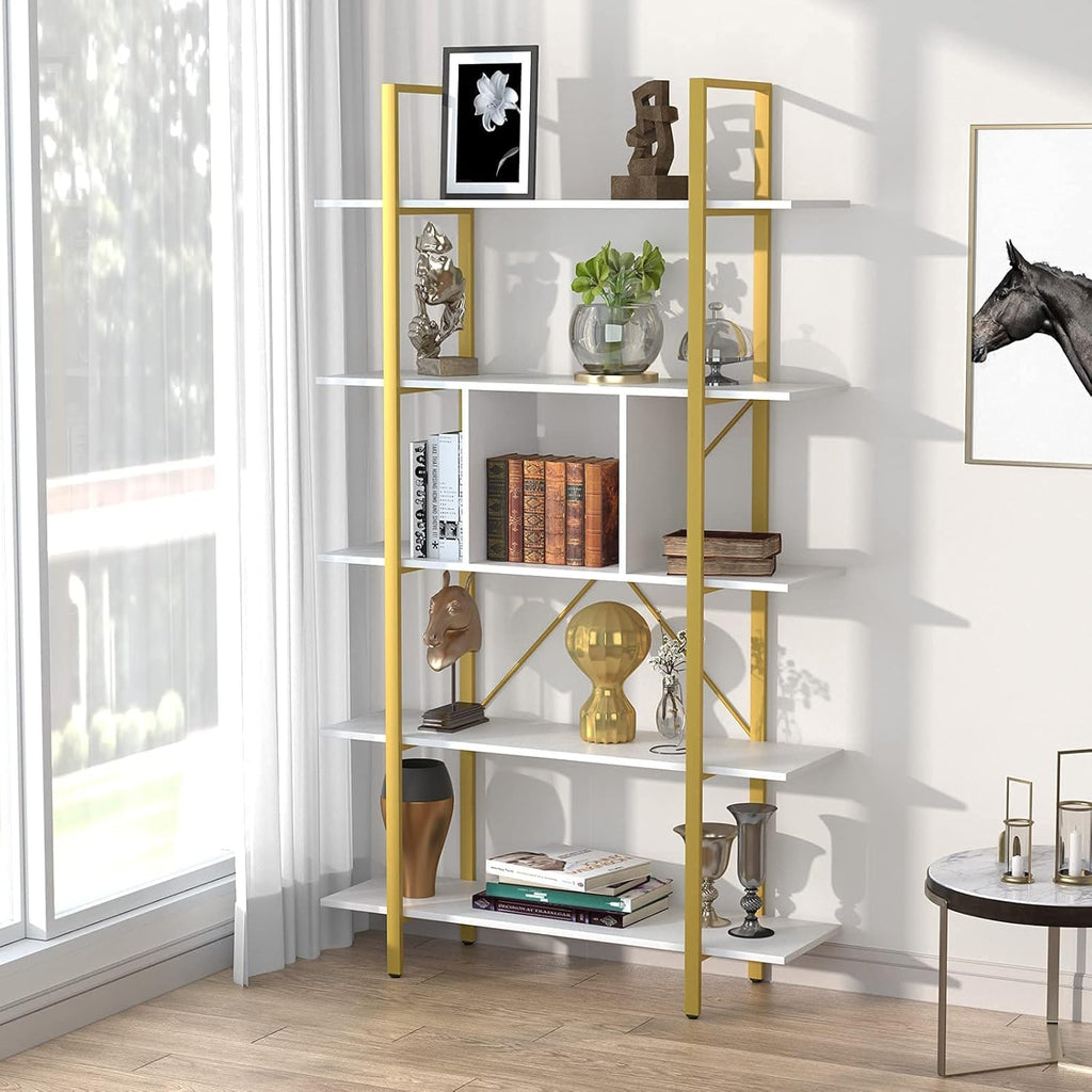 Vintage 5 Shelf Bookcase with Partition, Retro Brown F562