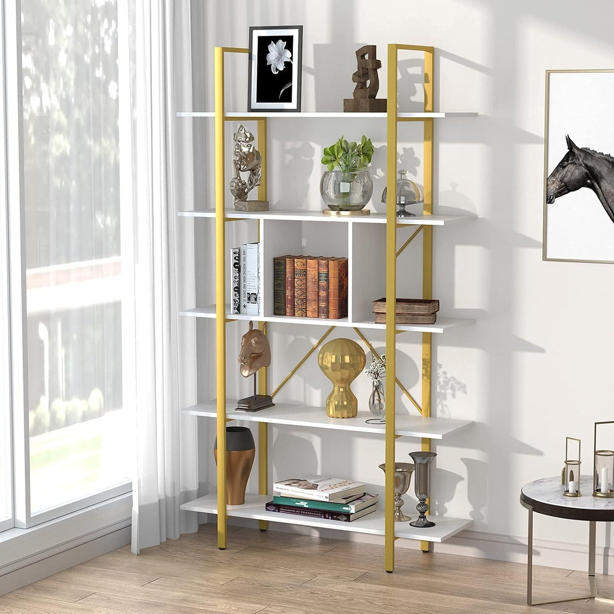 Vintage 5 Shelf Bookcase with Partition, Retro Brown F562