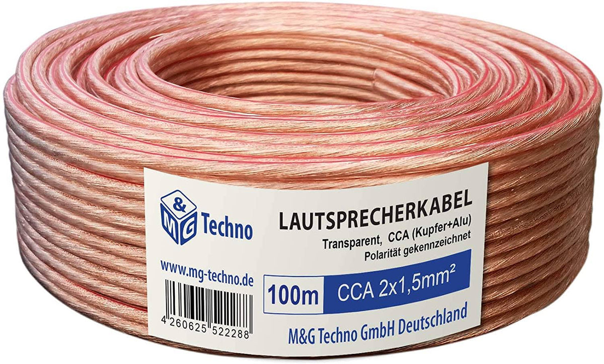 100 M Single Wire Speaker Cable 2 x 1.5 mm² CCA Copper and Aluminium Round Transparent P2800