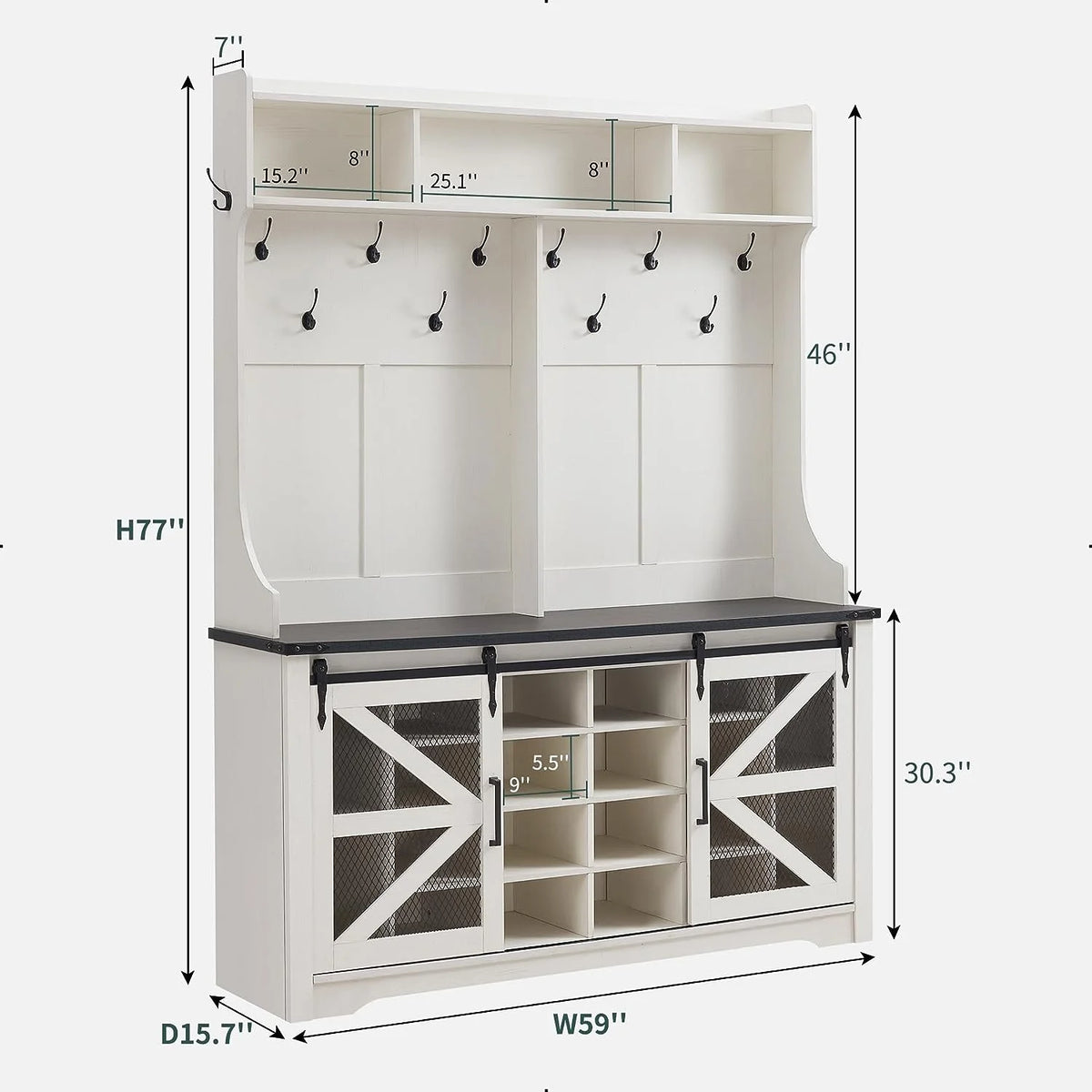 White Hall Tree with Shoe Storage Closet Double Door and Coat Rack A4751