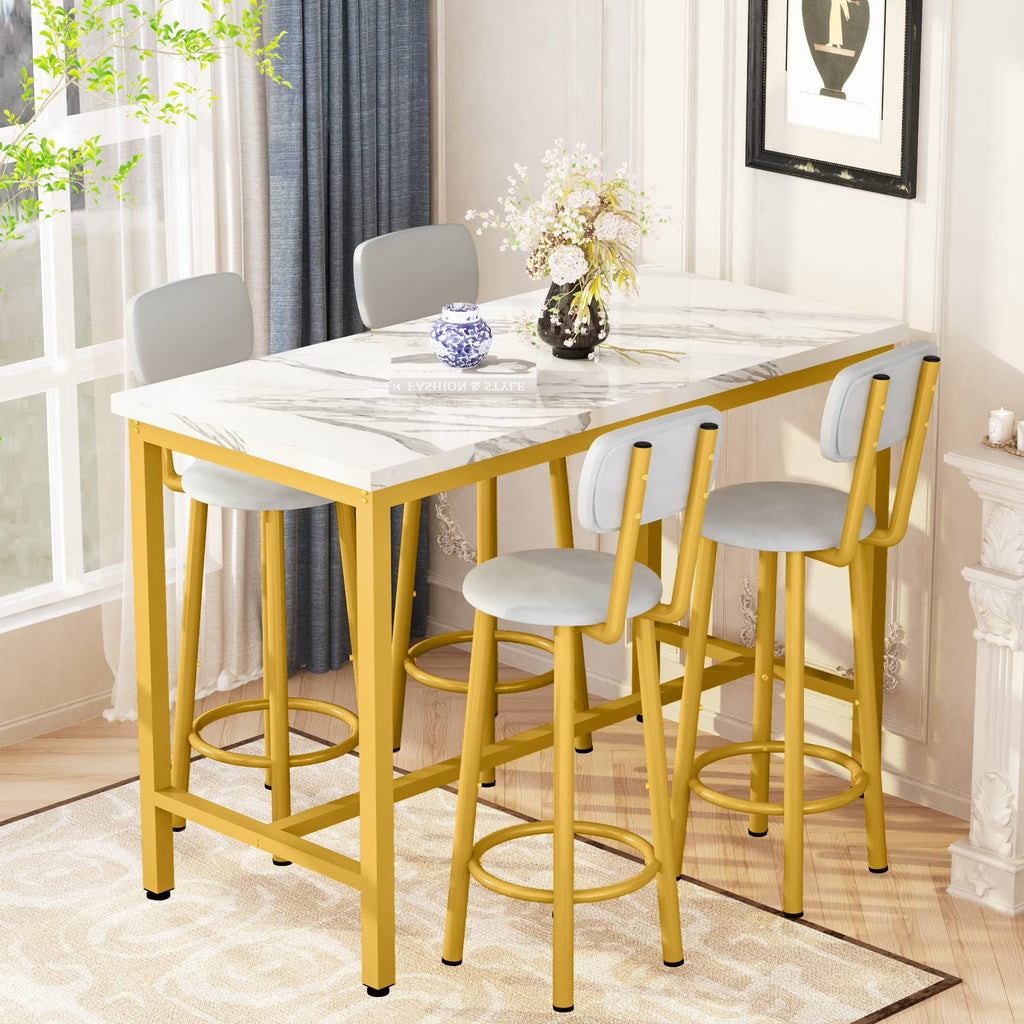 Faux Marble Counter Height Dining Table Set with 4 PU Upholstered Stools J8575