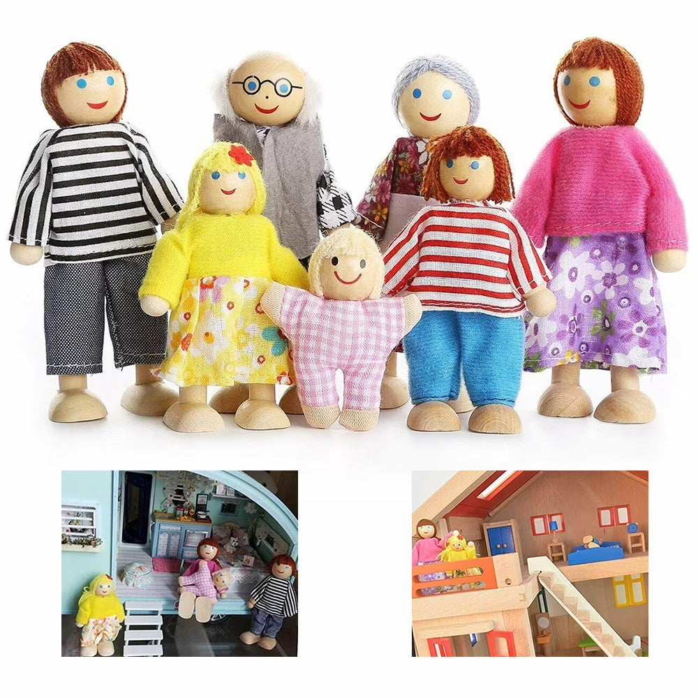Wooden Dolls Playset Set of 7 People with Dog B7254