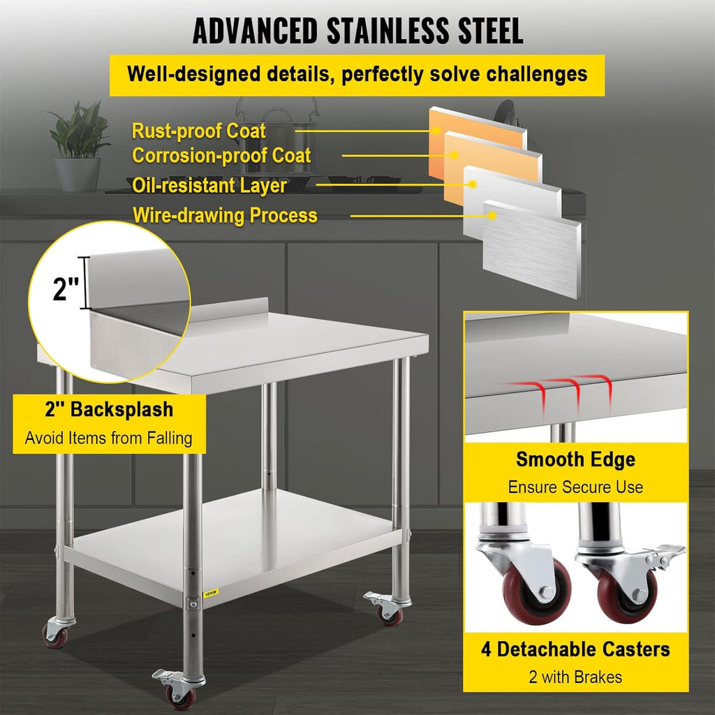 Stainless Steel Prep Table, 30 x 24 x 35 Inch, 440lbs Load Capacity, with Backsplash, Adjustable Undershelf & 4 Casters W399