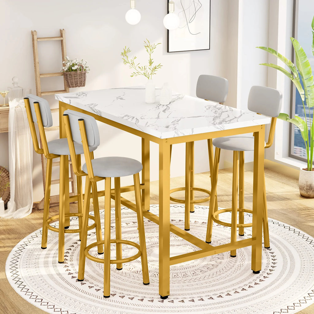 Faux Marble Counter Height Dining Table Set with 4 PU Upholstered Stools J8575