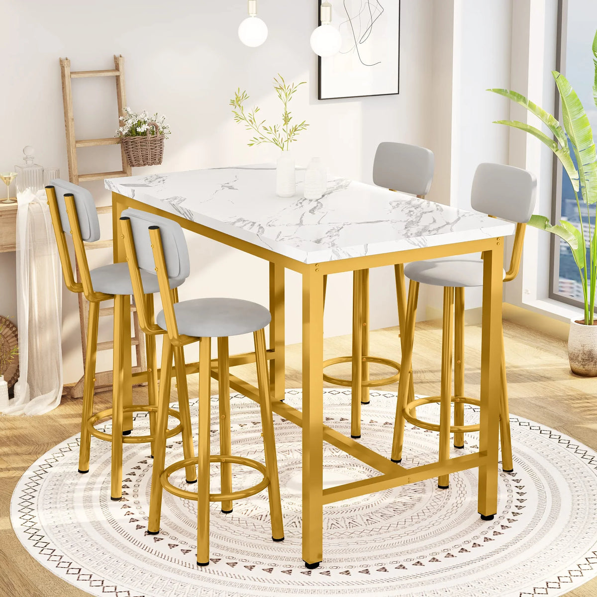 Faux Marble Counter Height Dining Table Set with 4 PU Upholstered Stools J8575