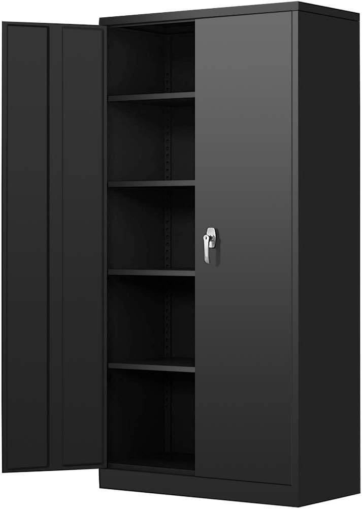 Black 72 Locking Metal Storage Cabinet with 4 Adjustable Shelves and 2 Doors W70402